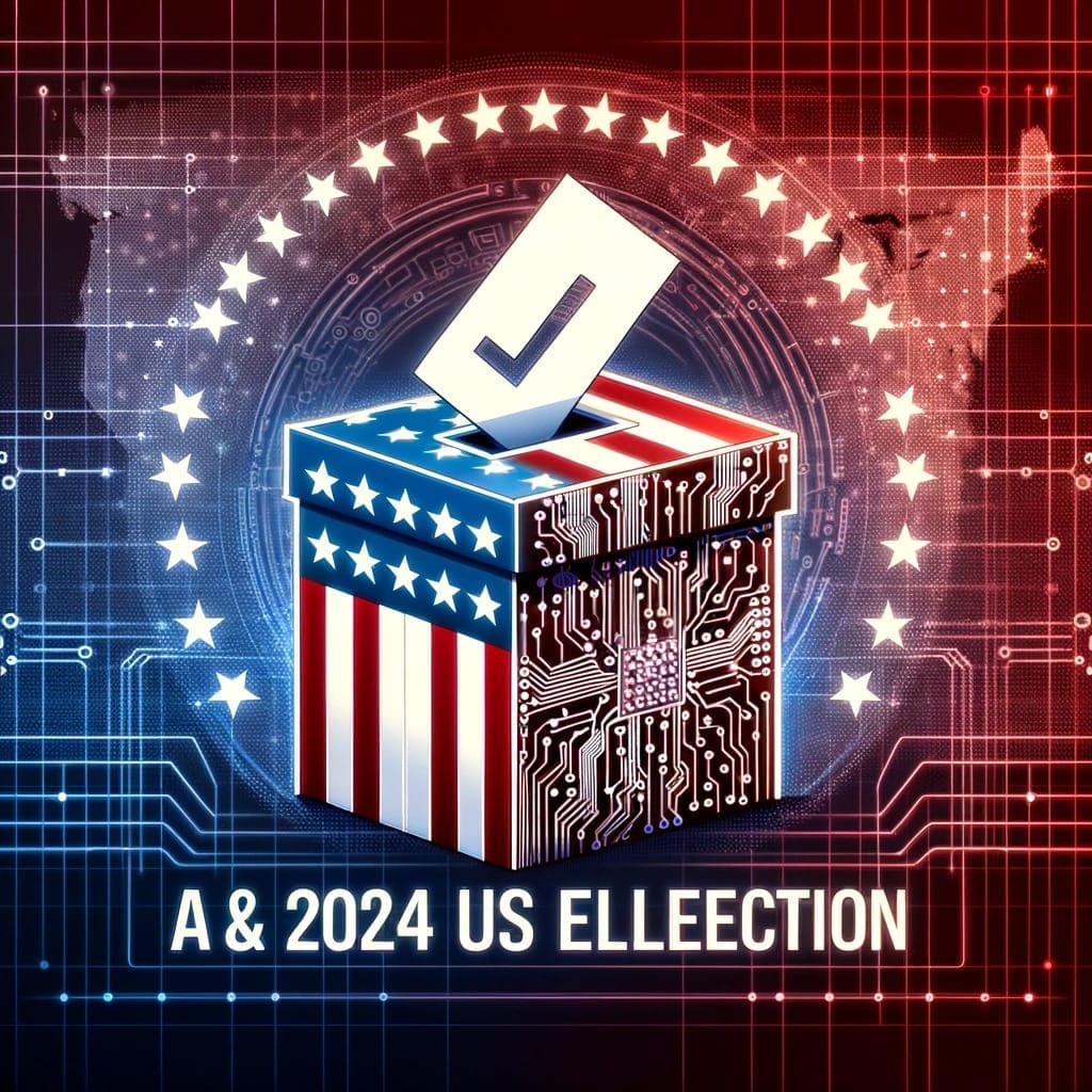 A concept graphic depicting an AI-themed ballot box for the 2024 US election, with the text AI & 2024 US Election