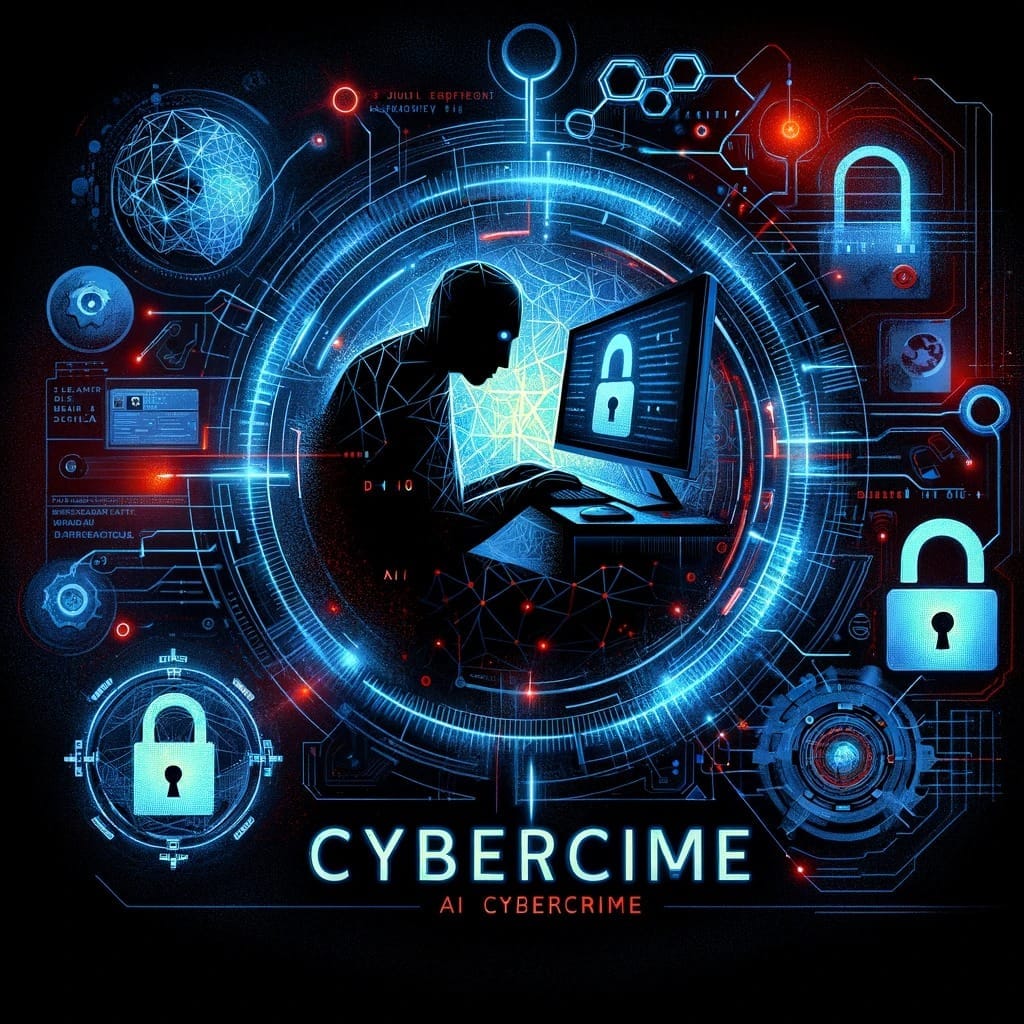 A concept graphic illustrating cybercrime in the context of AI, with the text AI Cybercrime