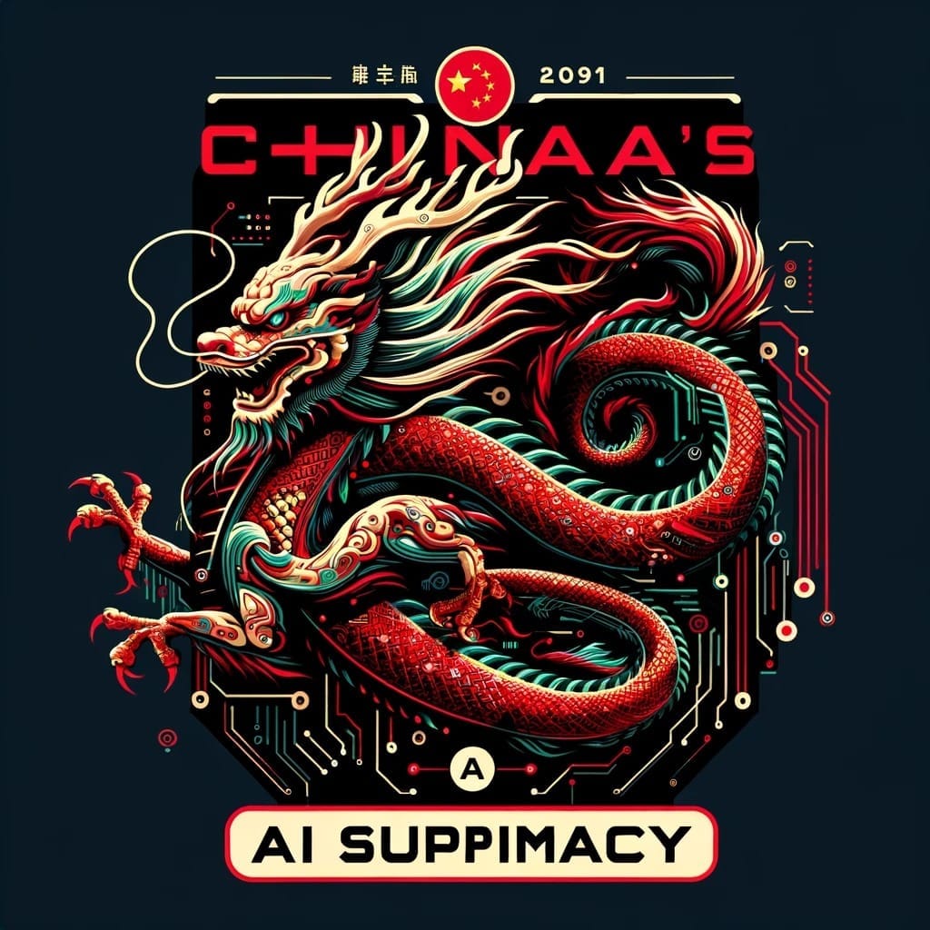 A concept graphic depicting a Chinese dragon to symbolize Chinas AI supremacy, with the text Chinas AI Supremacy