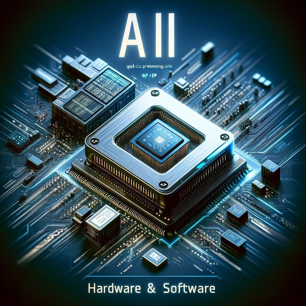 A concept graphic featuring a GPU (Graphics Processing Unit), representing AI hardware and software, with the text AI Hardware & Software