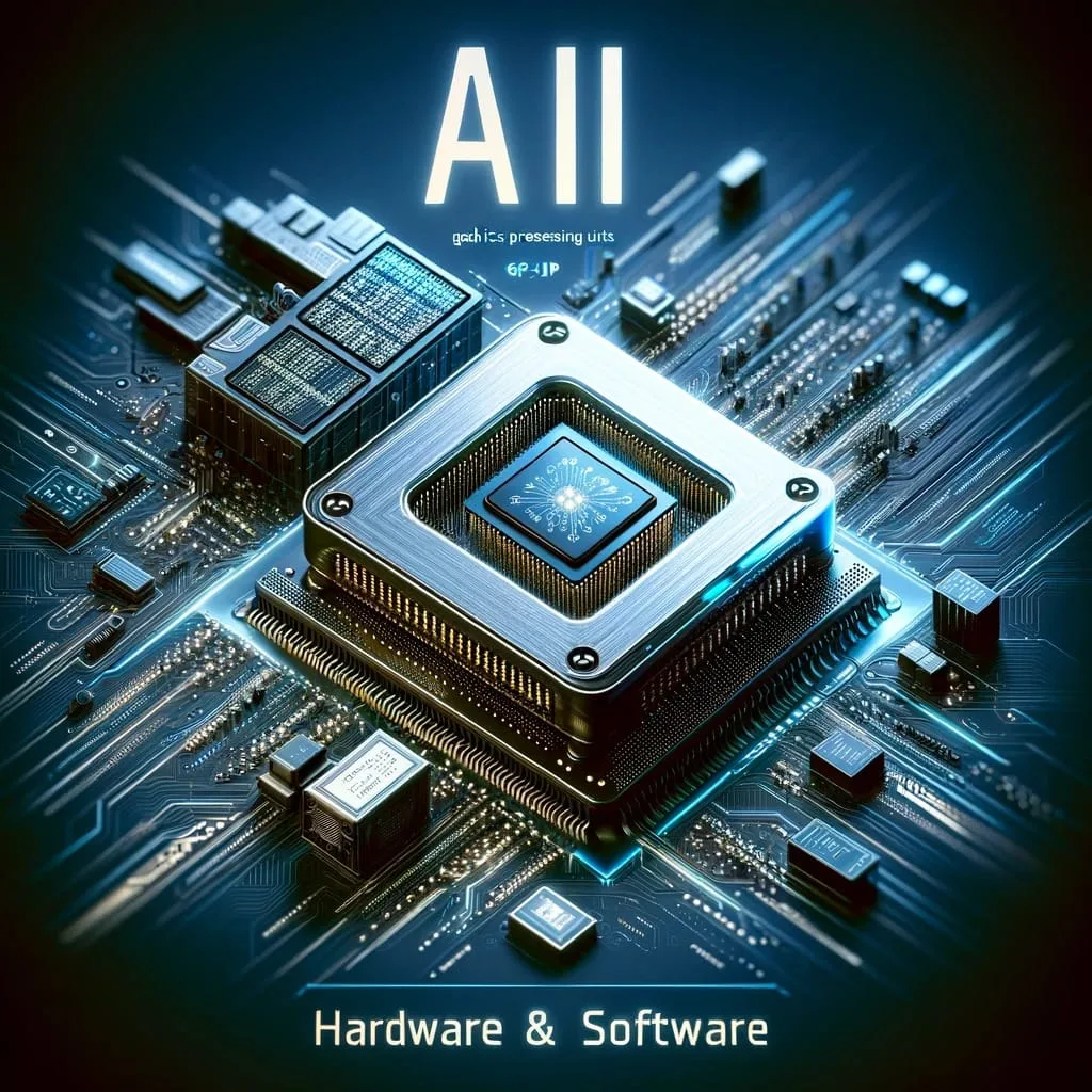 A concept graphic featuring a GPU (Graphics Processing Unit), representing AI hardware and software, with the text AI Hardware & Software