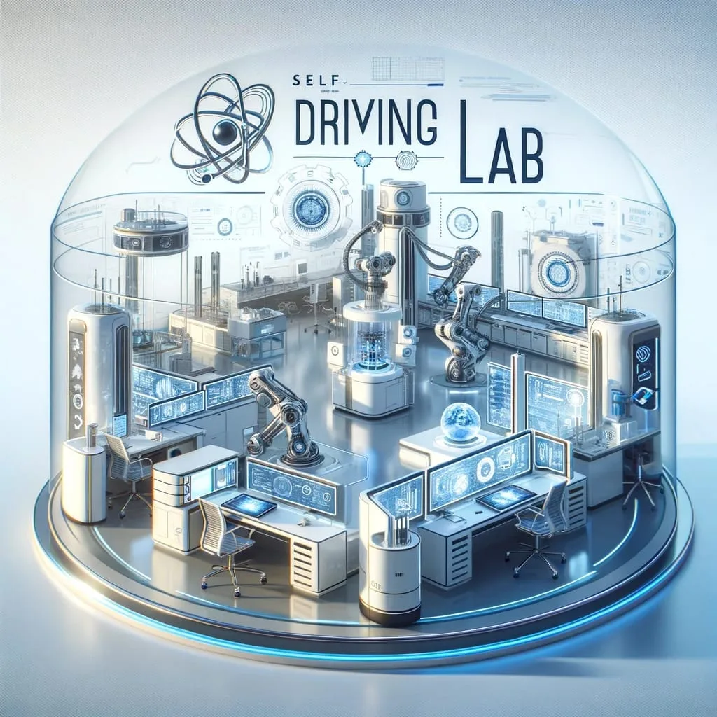 A concept graphic depicting a self-driving lab, with the text Self-driving Labs