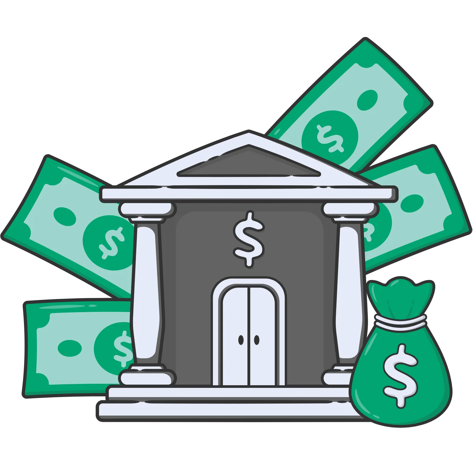 Bank building with money representing government systems