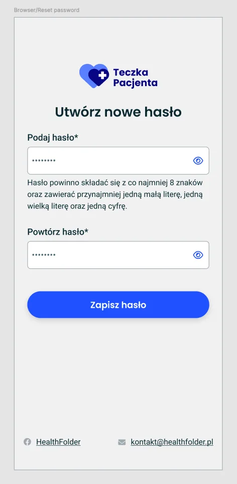 Password reset screen for Health Folder App