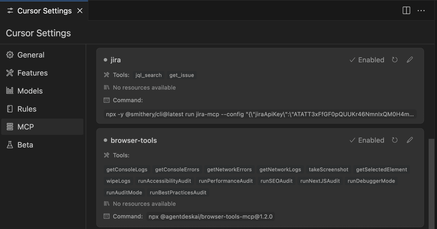 Cursor AI MCP settings