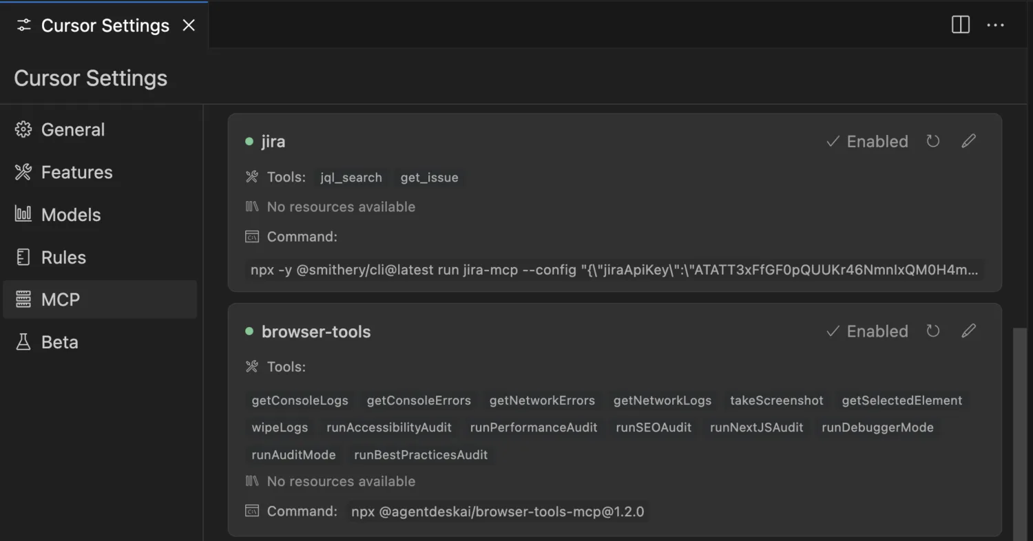 Cursor AI MCP settings