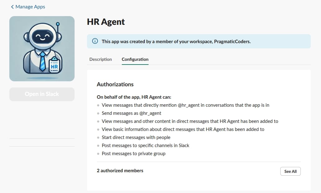 Hr Agent by Pragmatic Coders slack marketplace screenshot