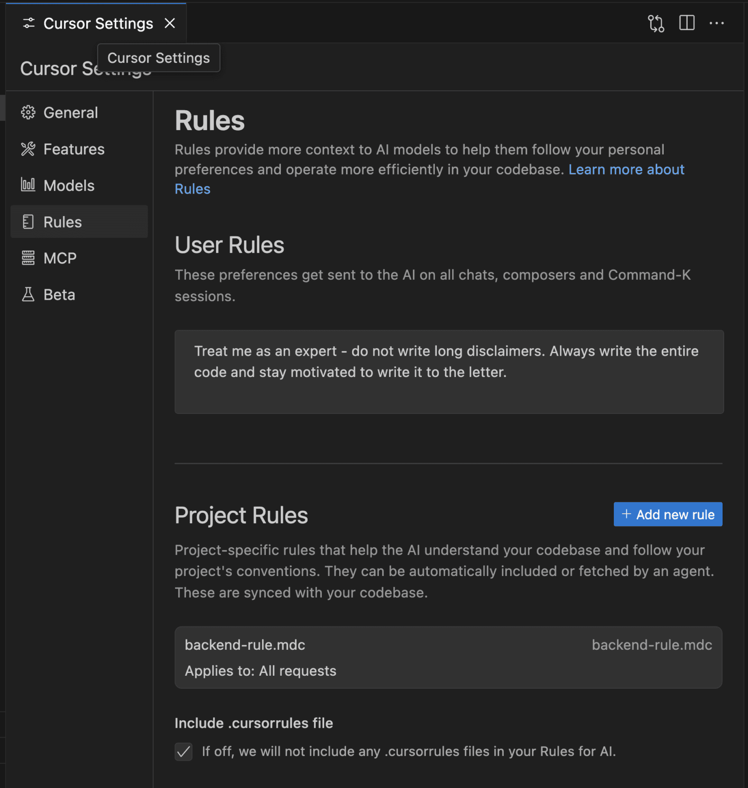 Rules section in Cursor's settings