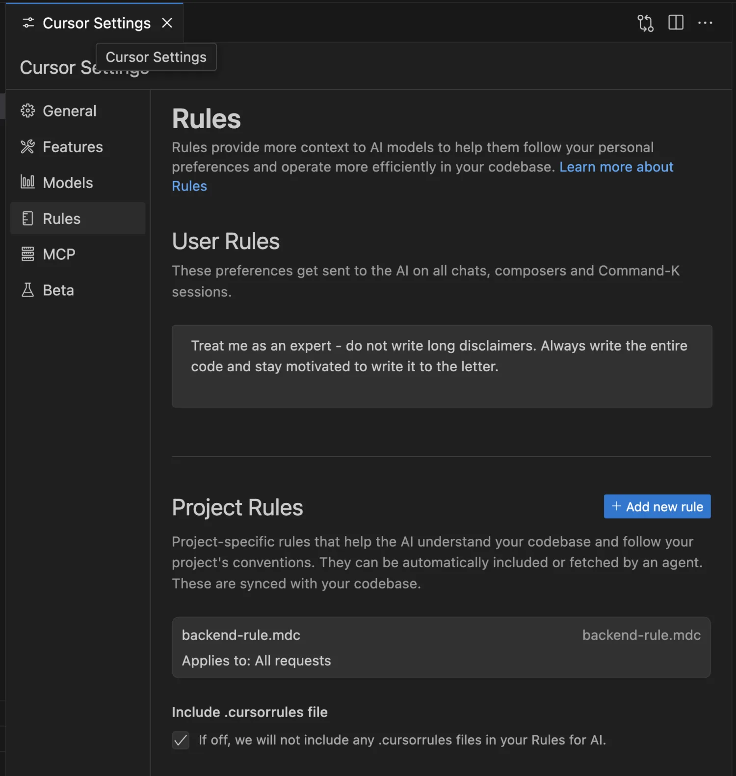 Rules section in Cursor's settings