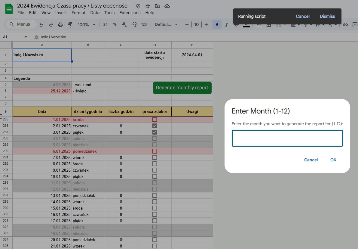 work time record in google sheets screenshot