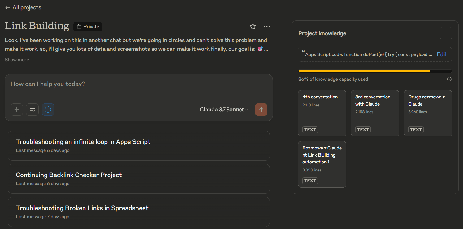 Claude project for backlink checker - the memory is almost full