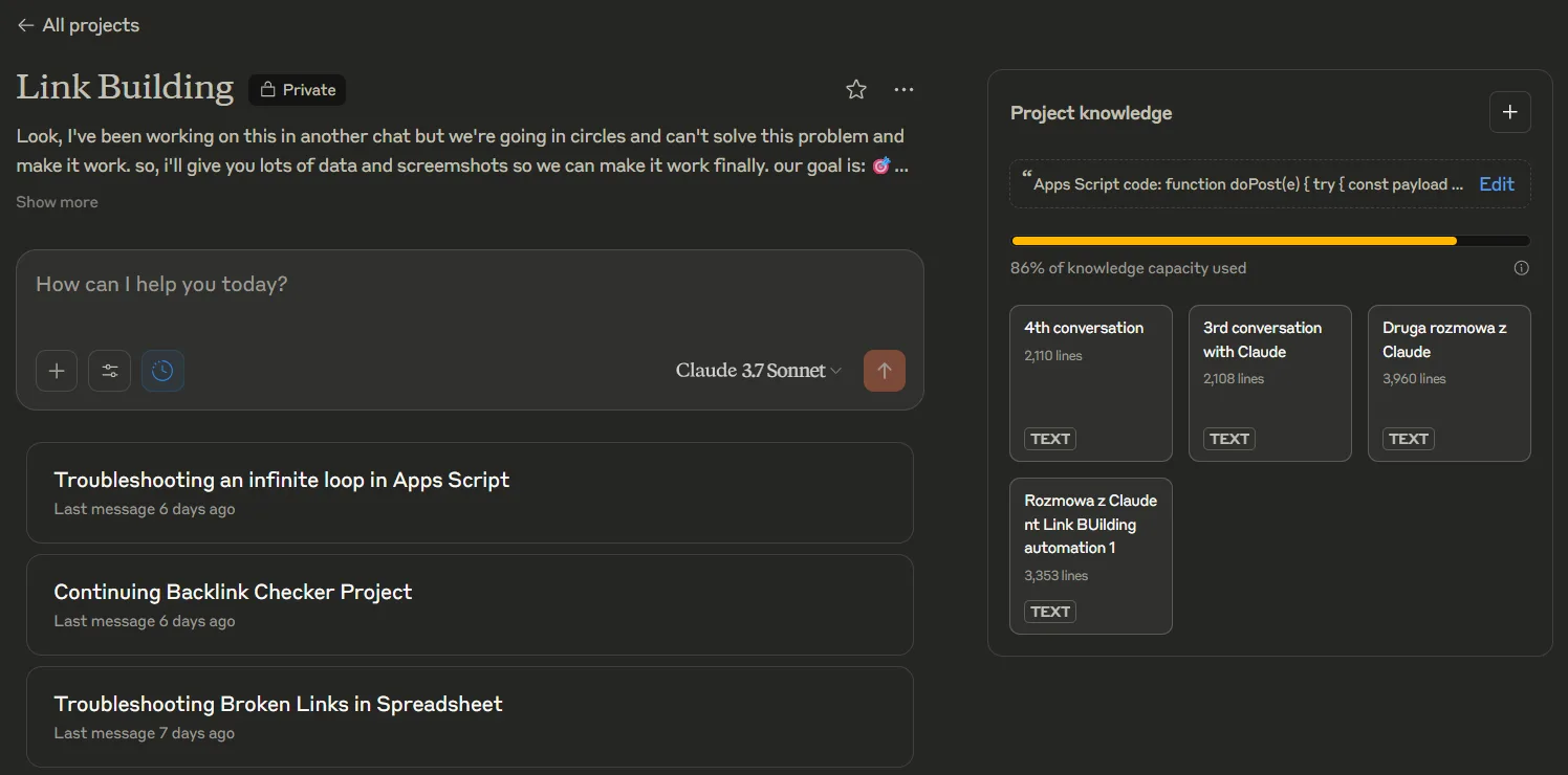 Claude project for backlink checker - the memory is almost full