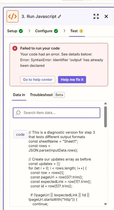 Run javascript formatting problem in Zapier