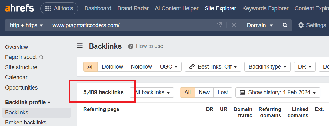 Building a backling automation : Agrefs's screenshot with all the links to my company's page