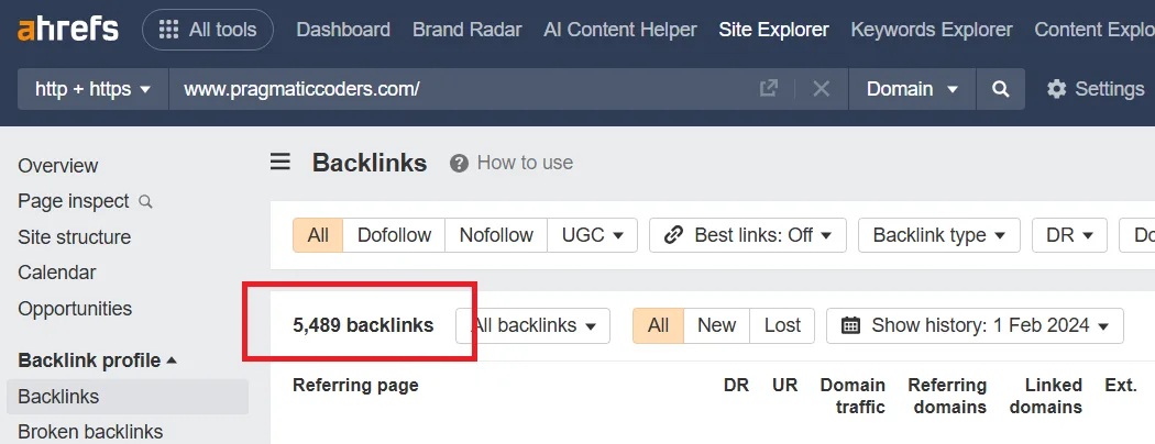 Building a backling automation : Agrefs's screenshot with all the links to my company's page