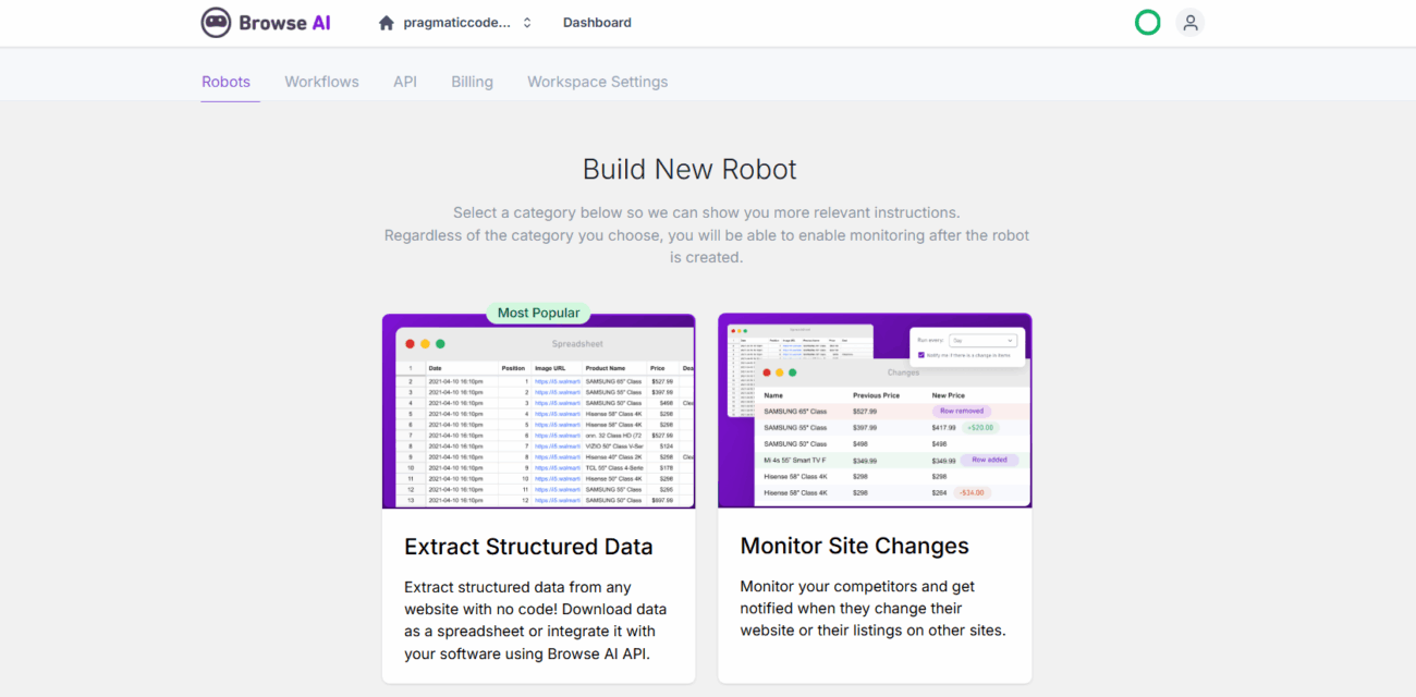 Browse AI dashboard