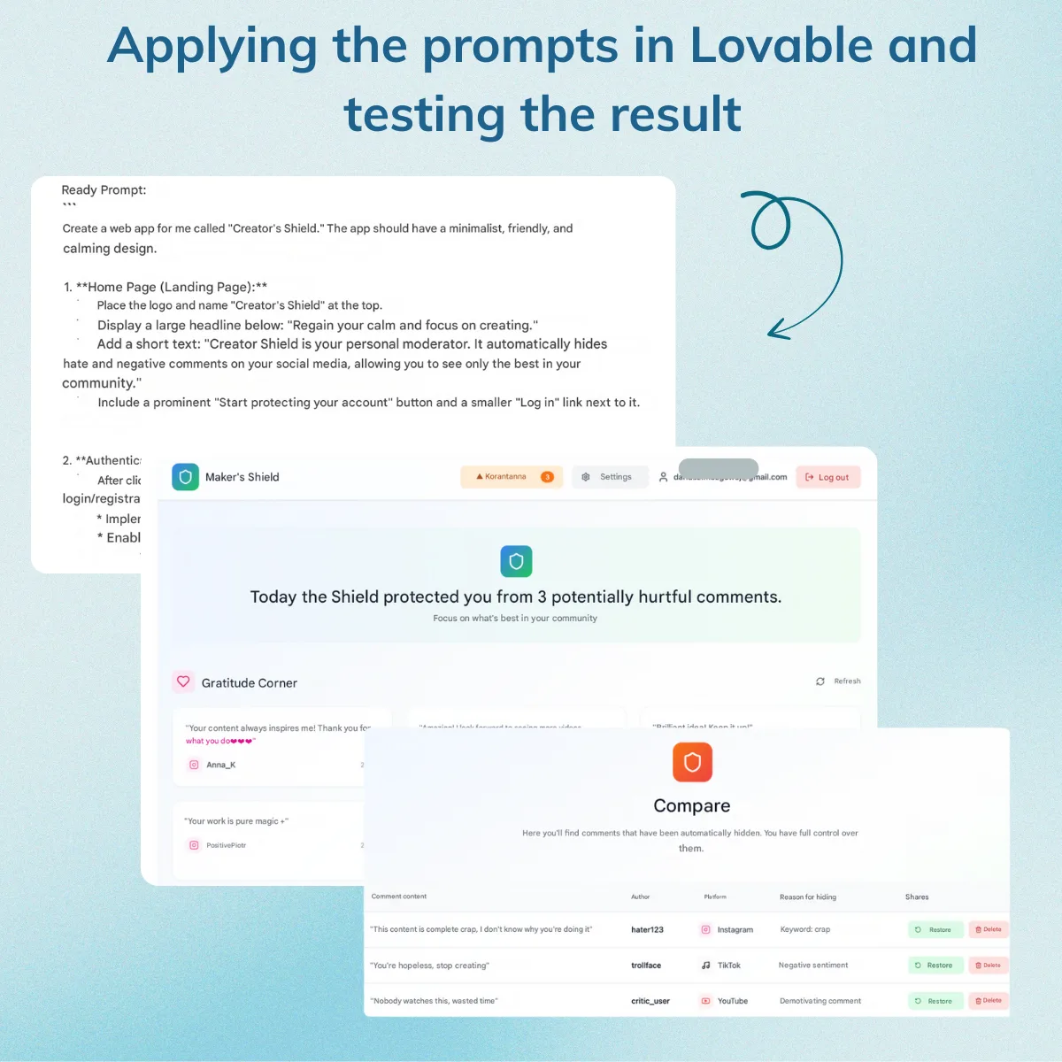 Step: Applying the prompts in Lovable and testing the results | Lovable-generated app screenshots