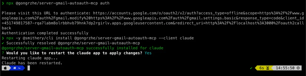 Claude Desktop + Gmail MCP OAuth terminal output