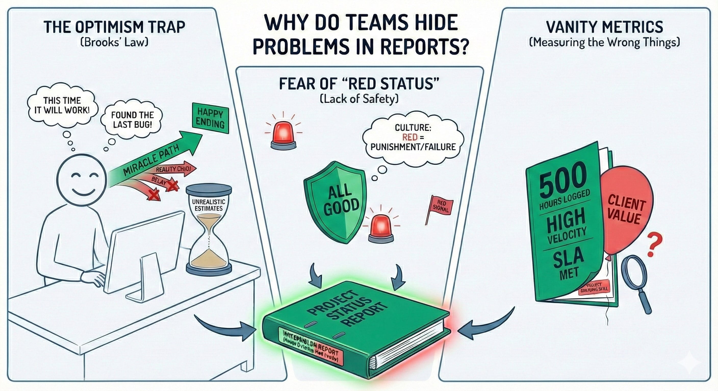 An infographic titled "WHY DO TEAMS HIDE PROBLEMS IN REPORTS?". It is divided into three panels leading to a central result. The left panel, "THE OPTIMISM TRAP (Brooks' Law)", shows a developer with thought bubbles saying "THIS TIME IT WILL WORK!" and "FOUND THE LAST BUG!", ignoring red X's labeled "REALITY" and "DELAY", and relying on an "UNREALISTIC ESTIMATES" hourglass. The middle panel, "FEAR OF 'RED STATUS' (Lack of Safety)", shows a shield labeled "ALL GOOD" hiding a "RED SIGNAL" flag, with a thought bubble stating "CULTURE: RED = PUNISHMENT/FAILURE". The right panel, "VANITY METRICS (Measuring the Wrong Things)", shows a report highlighting "500 HOURS LOGGED", "HIGH VELOCITY", "SLA MET", but a deflated red balloon labeled "CLIENT VALUE" with a question mark is next to it. All three panels point to a book in the center labeled "PROJECT STATUS REPORT", which glows green but has a small red tag reading "WATERMELON REPORT (Green Outside, Red Inside)".