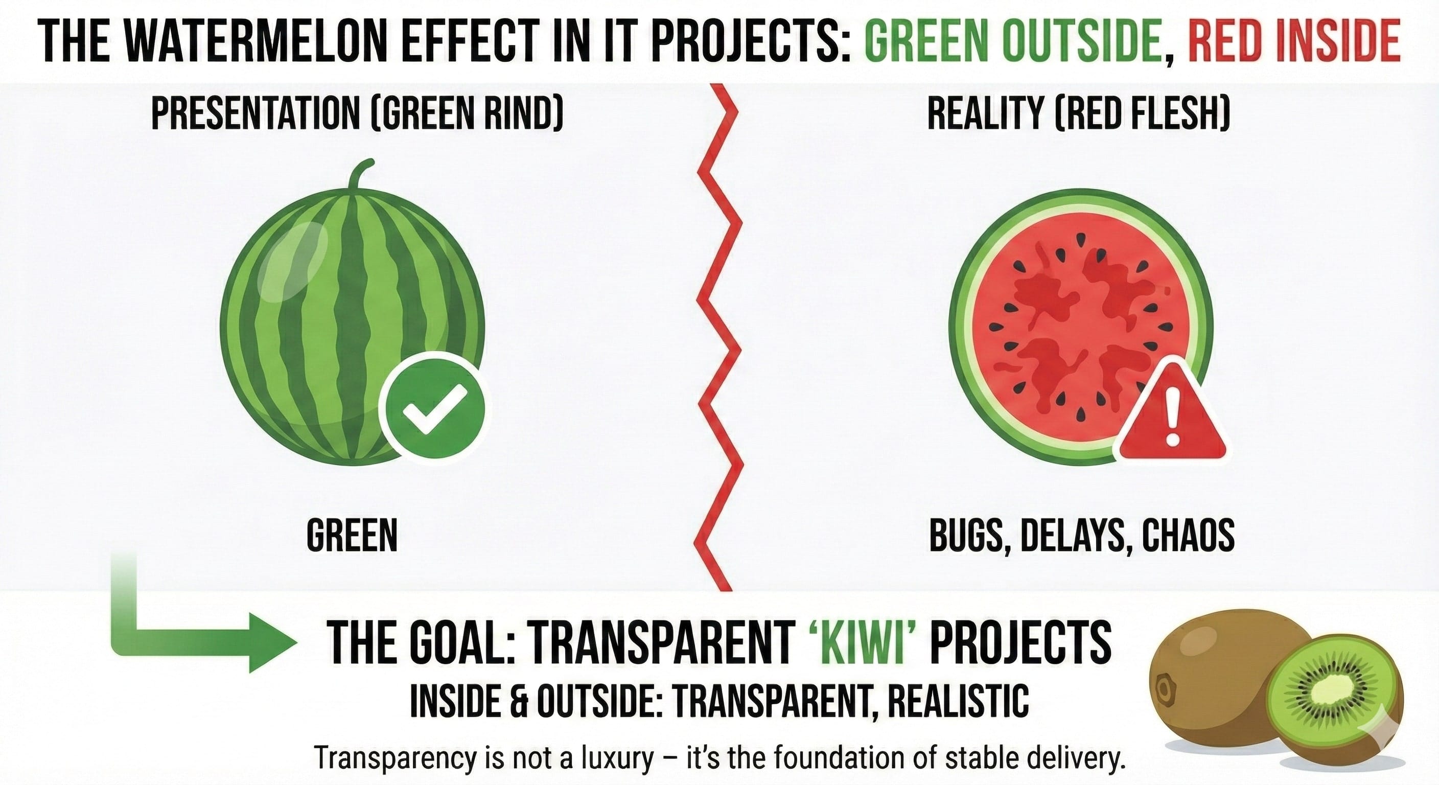 An infographic titled "THE WATERMELON EFFECT IN IT PROJECTS: GREEN OUTSIDE, RED INSIDE". The top half is split by a red zigzag line. On the left, labeled "PRESENTATION (GREEN RIND)", a whole green watermelon with a white checkmark icon is shown above the word "GREEN". On the right, labeled "REALITY (RED FLESH)", a halved watermelon revealing red flesh with seeds and a white exclamation mark in a red triangle icon is shown above the words "BUGS, DELAYS, CHAOS". A green arrow at the bottom points to a section titled "THE GOAL: TRANSPARENT ‘KIWI’ PROJECTS". Below this title are images of a whole and a halved kiwi, with the text "INSIDE & OUTSIDE: TRANSPARENT, REALISTIC". A concluding sentence at the very bottom reads: "Transparency is not a luxury – it’s the foundation of stable delivery."