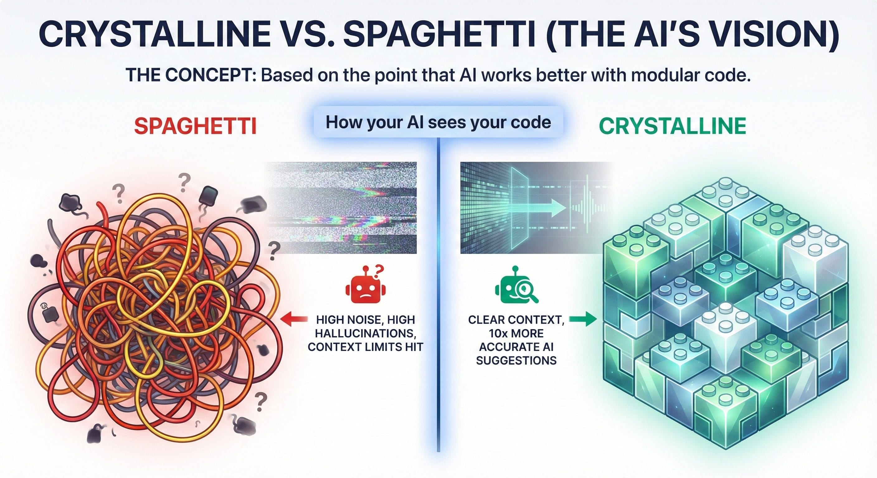 An infographic titled "CRYSTALLINE VS. SPAGHETTI (THE AI'S VISION)" with the subtitle "THE CONCEPT: Based on the point that AI works better with modular code." The image is split down the middle with the label "How your AI sees your code". The left side, labeled "SPAGHETTI" in red, shows a tangled mess of colored wires and cables with question marks and confusion icons. A red arrow points from it to a box with a confused robot icon and the text "HIGH NOISE, HIGH HALLUCINATIONS, CONTEXT LIMITS HIT". The right side, labeled "CRYSTALLINE" in green, shows a perfect, organized structure of glowing, modular LEGO-like blocks. A green arrow points from it to a box with a helpful robot icon and the text "CLEAR CONTEXT, 10x MORE ACCURATE AI SUGGESTIONS".