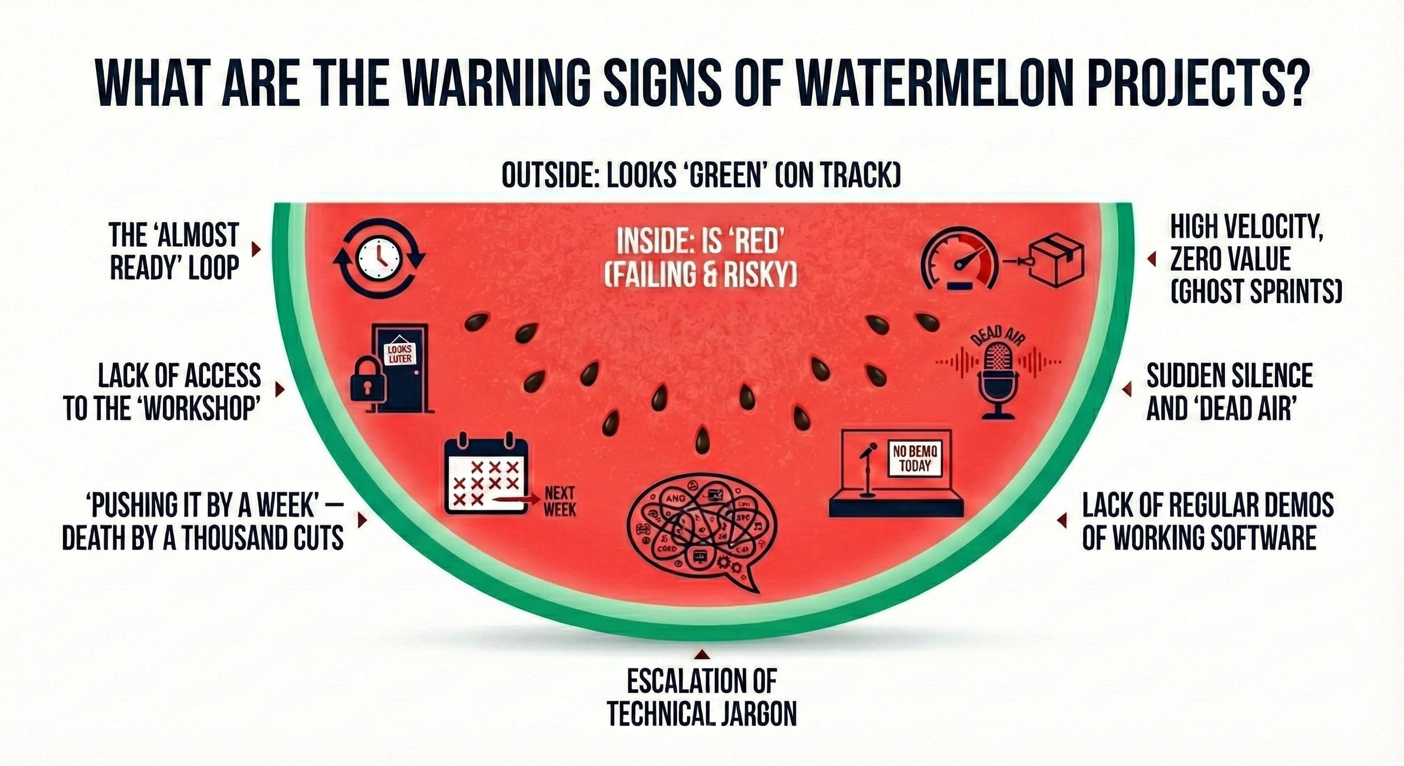 An infographic titled "WHAT ARE THE WARNING SIGNS OF WATERMELON PROJECTS?" The central visual is a halved watermelon. The green outer rind is labeled "OUTSIDE: LOOKS 'GREEN' (ON TRACK)". The red inner flesh with seeds is labeled "INSIDE: IS 'RED' (FAILING & RISKY)". Seven warning signs are presented with icons and text around the watermelon. On the left side, from top to bottom: a clock with circular arrows and text "THE 'ALMOST READY' LOOP"; a locked door icon with text "LACK OF ACCESS TO THE 'WORKSHOP'"; a calendar icon with X's and text "'PUSHING IT BY A WEEK' – DEATH BY A THOUSAND CUTS". On the right side, from top to bottom: a speedometer and empty box icon with text "HIGH VELOCITY, ZERO VALUE (GHOST SPRINTS)"; a microphone icon with sound waves and text "SUDDEN SILENCE AND 'DEAD AIR'"; an empty stage icon with text "LACK OF REGULAR DEMOS OF WORKING SOFTWARE". At the bottom center is a speech bubble with complex symbols and text "ESCALATION OF TECHNICAL JARGON".