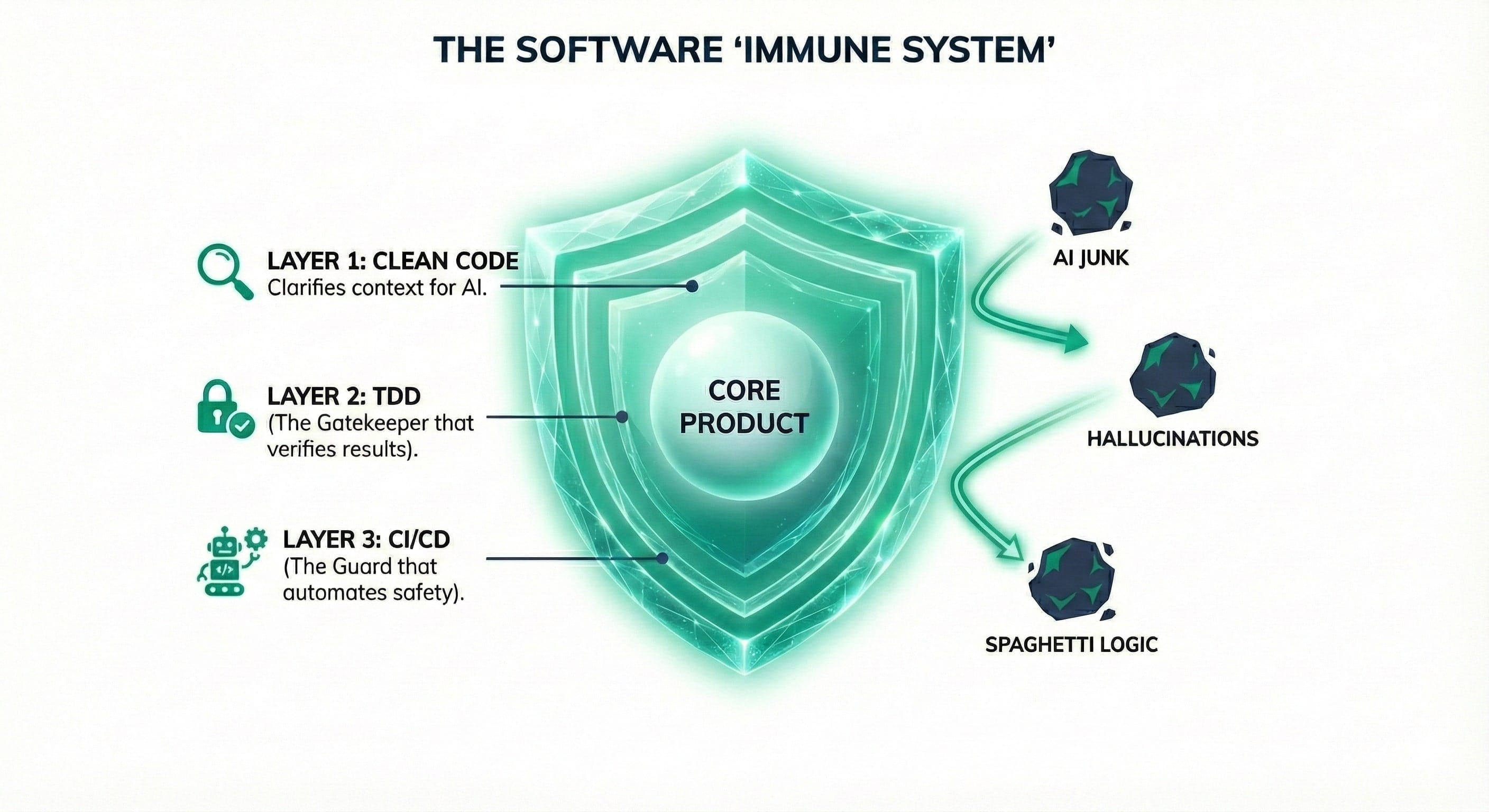 An infographic titled "THE SOFTWARE 'IMMUNE SYSTEM'". In the center, a glowing green crystalline shield protects a central sphere labeled "CORE PRODUCT". On the left, three layers of the shield are labeled with icons and descriptions: "LAYER 1: CLEAN CODE (Clarifies context for AI.)" with a magnifying glass icon; "LAYER 2: TDD (The Gatekeeper that verifies results.)" with a padlock icon; and "LAYER 3: CI/CD (The Guard that automates safety.)" with a robot icon. On the right, three dark, jagged rock-like shapes labeled "AI JUNK", "HALLUCINATIONS", and "SPAGHETTI LOGIC" are shown bouncing off the outer layer of the shield with glowing green arrows, indicating deflection.